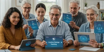 Adults engaged in diverse cognitive training activities, digital and interactive, for brain health improvement.