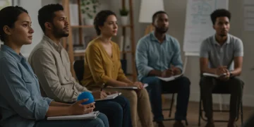 Adults learning about emotional triggers and self-awareness in a supportive group setting