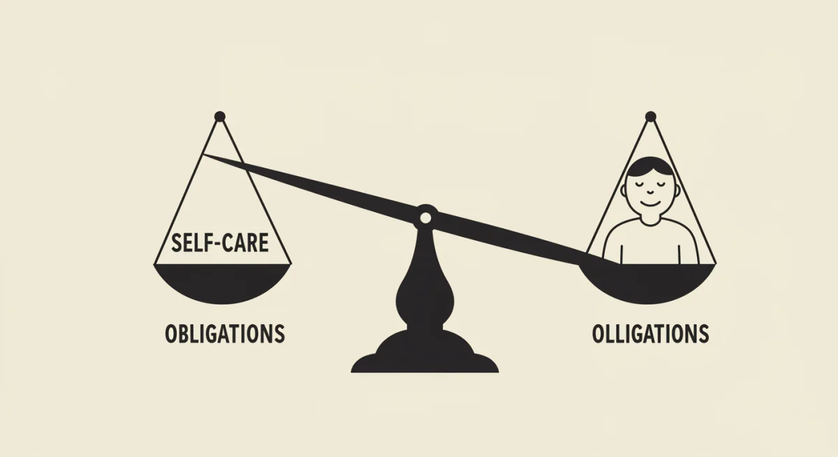 Balanced scale showing self-care prioritized over obligations, representing effective boundary setting.