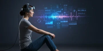 Woman using a biofeedback device for stress relief with calming visual data
