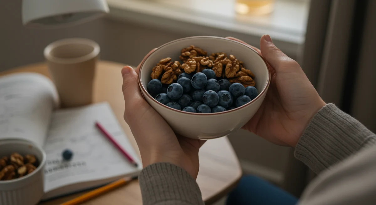 Hands holding a bowl of brain-boosting blueberries and walnuts