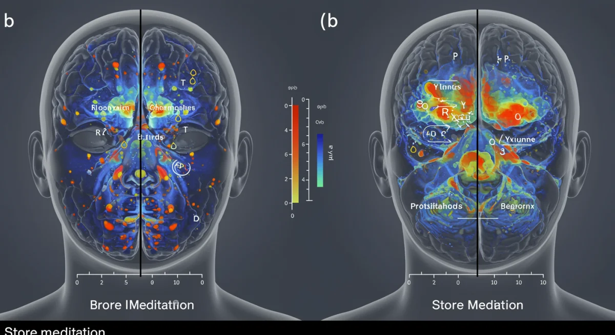 Brain scan comparison showing reduced stress activity after meditation.