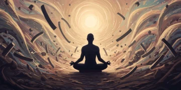 Person meditating calmly amidst swirling challenges, symbolizing mental strength