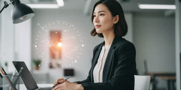 Professional woman calmly managing stress in a modern office environment