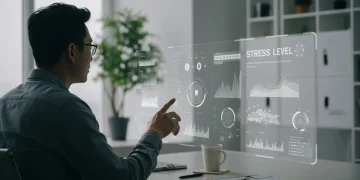 Person calmly managing stress with digital tools in a modern office
