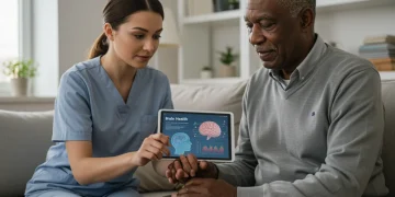 Caregiver and elderly person reviewing cognitive health information on a tablet