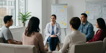 Group therapy session showing diverse patients and a supportive therapist in a modern setting.