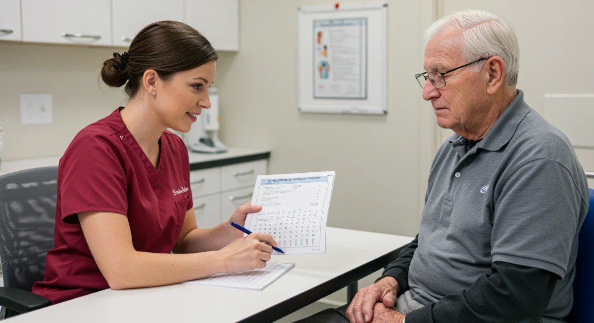 Healthcare professional conducting a cognitive assessment with an elderly patient