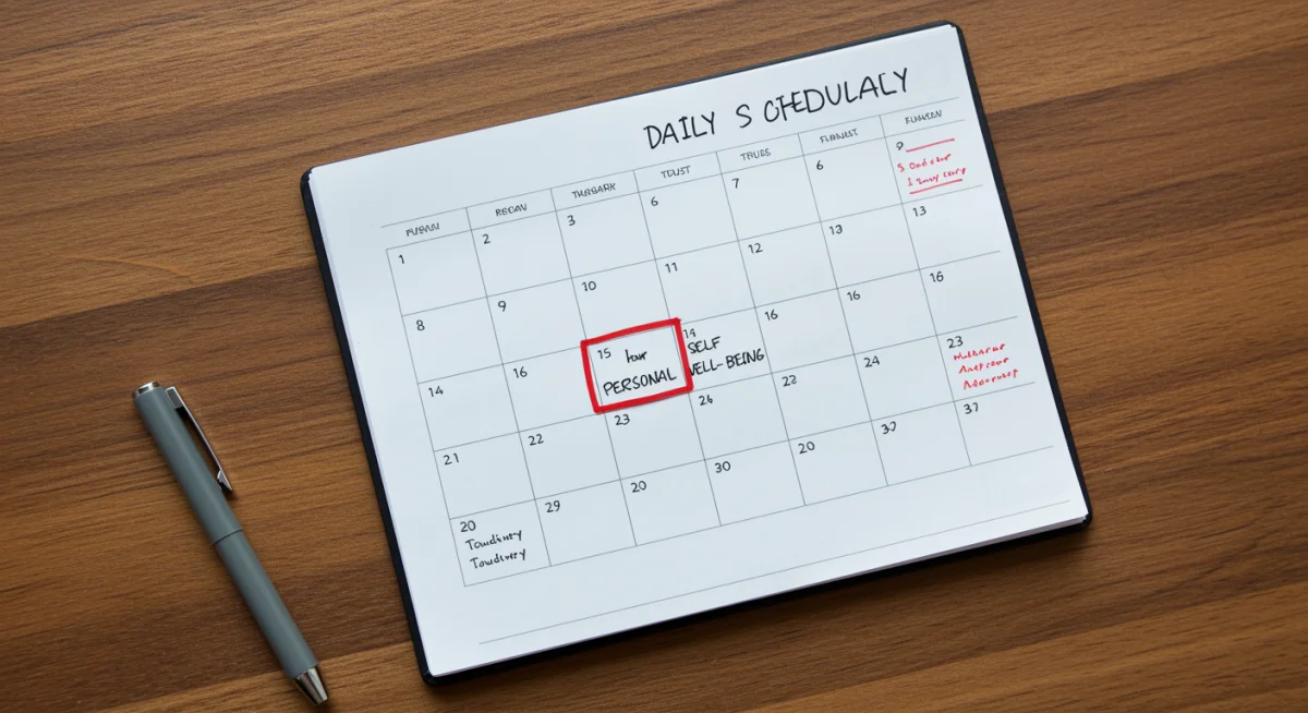 Daily planner with a dedicated hour for personal well-being highlighted