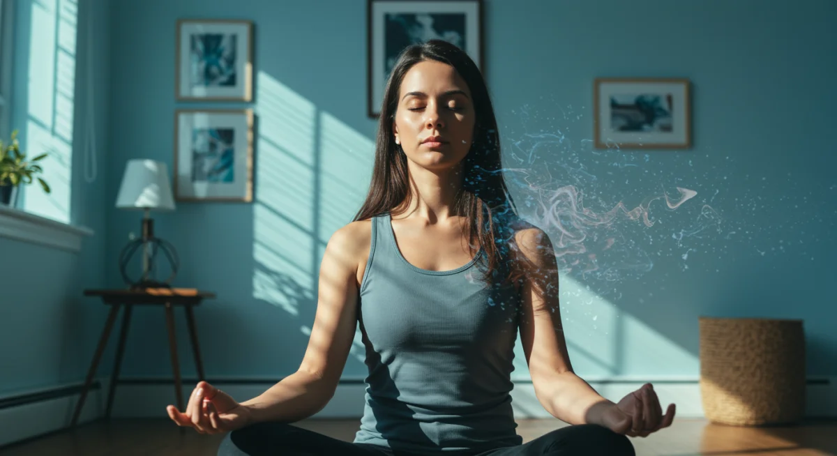 Adult demonstrating deep breathing for emotional control and stress reduction