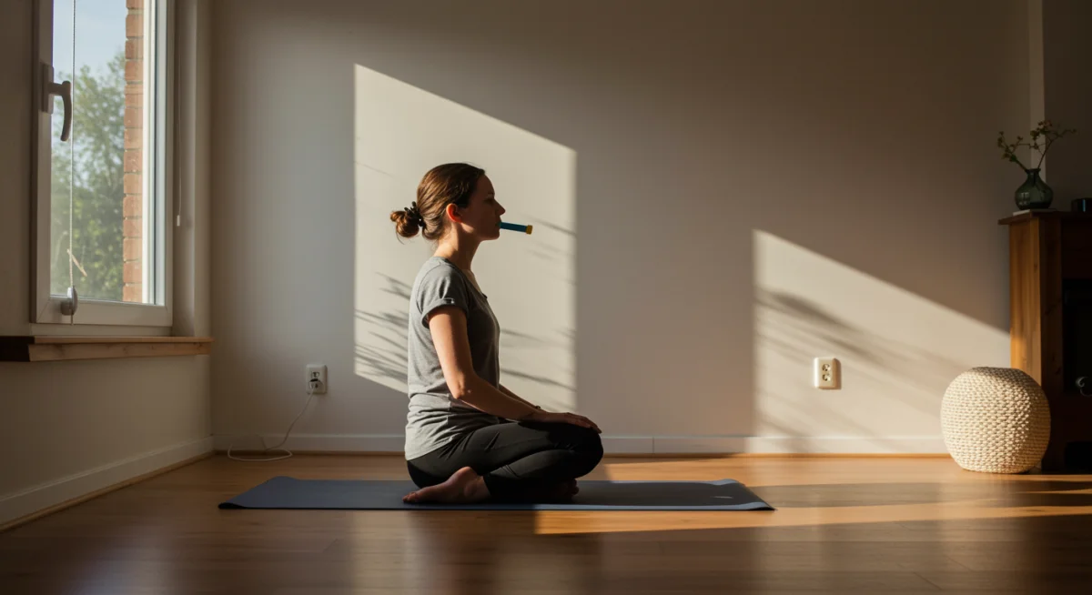 Person practicing deep breathing for relaxation in a modern living room.