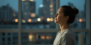 Person practicing deep breathing for stress relief in a busy office setting