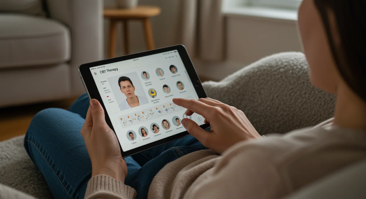 Patient using a digital CBT app on a tablet at home for mental health support.