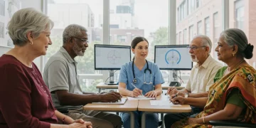 Elderly people undergoing cognitive assessment with a healthcare professional.