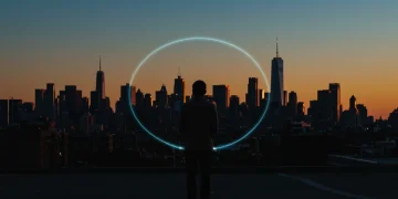 Confident person with protective aura in demanding US city, symbolizing emotional boundaries.