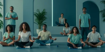 Adults practicing emotional regulation techniques in a serene, modern environment