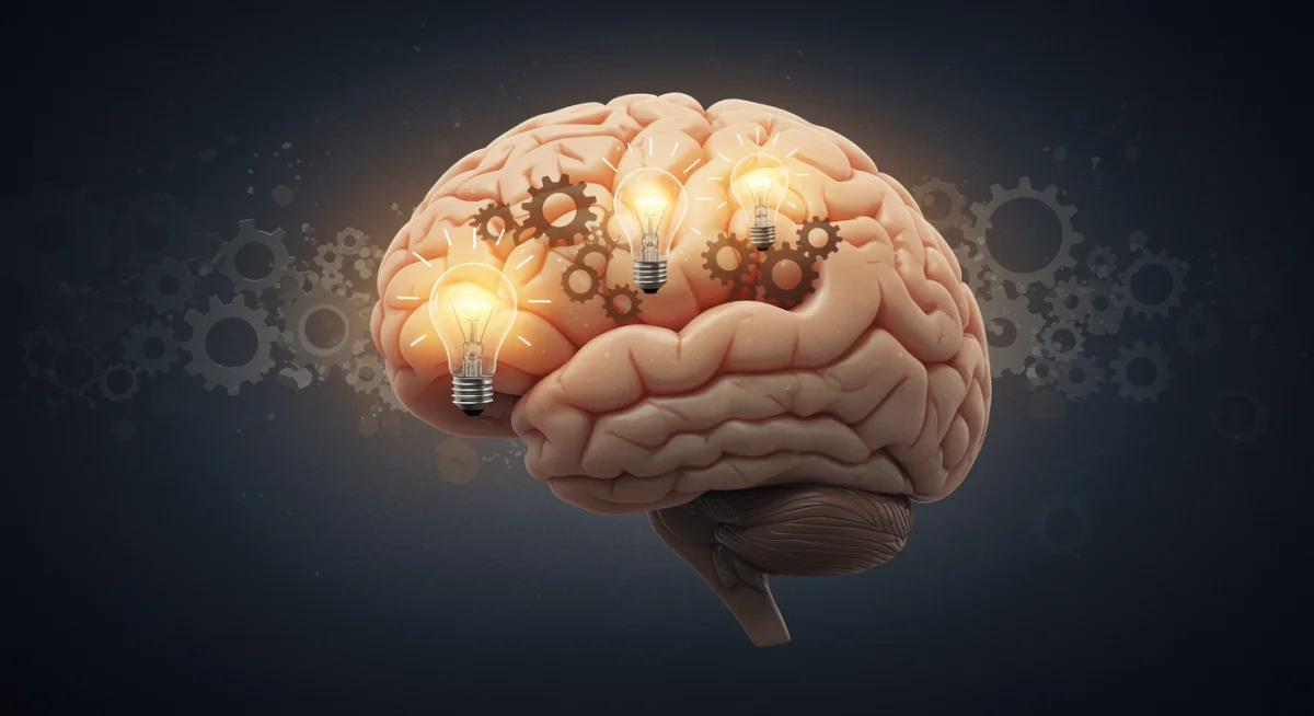 Brain with gears and light bulbs symbolizing enhanced cognitive function.