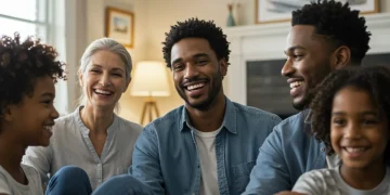Happy diverse family connecting in a cozy living room, symbolizing strong emotional bonds.