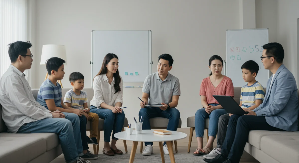 Family therapy session with parents and children, guided by a therapist.