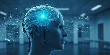 Futuristic cognitive enhancement device with glowing blue light on a person's head, representing advanced neurotechnology.
