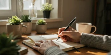 Gratitude Journaling Research 2025: Efficacy Updates Person writing in a gratitude journal with a pen at a peaceful desk.