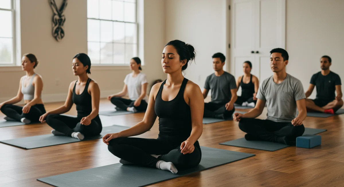Group of diverse US adults engaged in guided meditation for stress relief