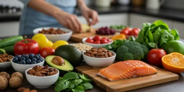 Nutrition and Stress: 7 Foods for 2025 Wellness Assortment of fresh, healthy foods on a kitchen counter for stress relief and wellness.