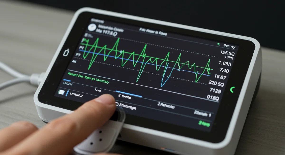 Biofeedback device screen showing heart rate variability for stress management