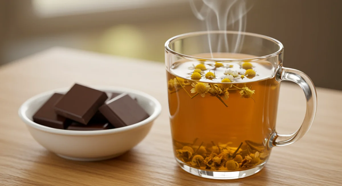 Herbal tea and dark chocolate for relaxation and stress reduction.