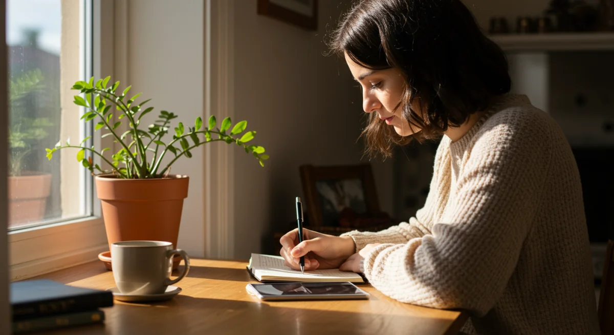 Person journaling in a comfortable setting, promoting self-reflection.