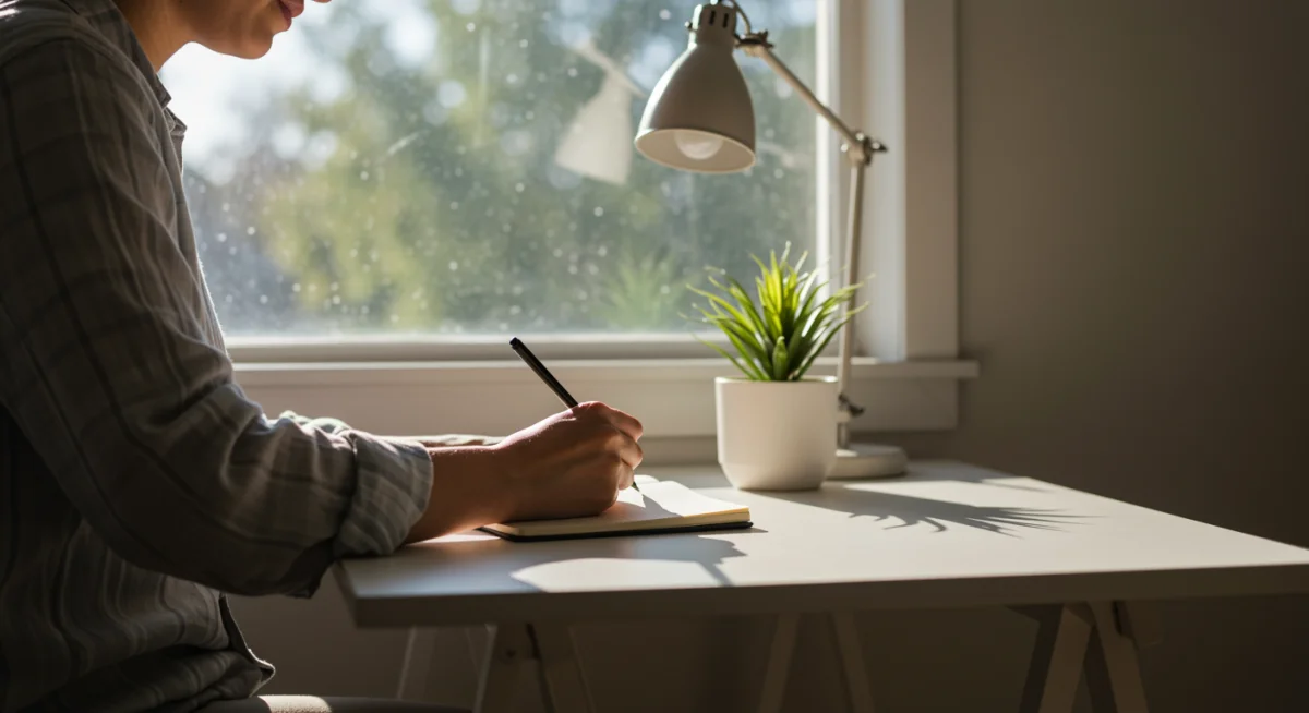 Person journaling gratitude in a calm home office setting