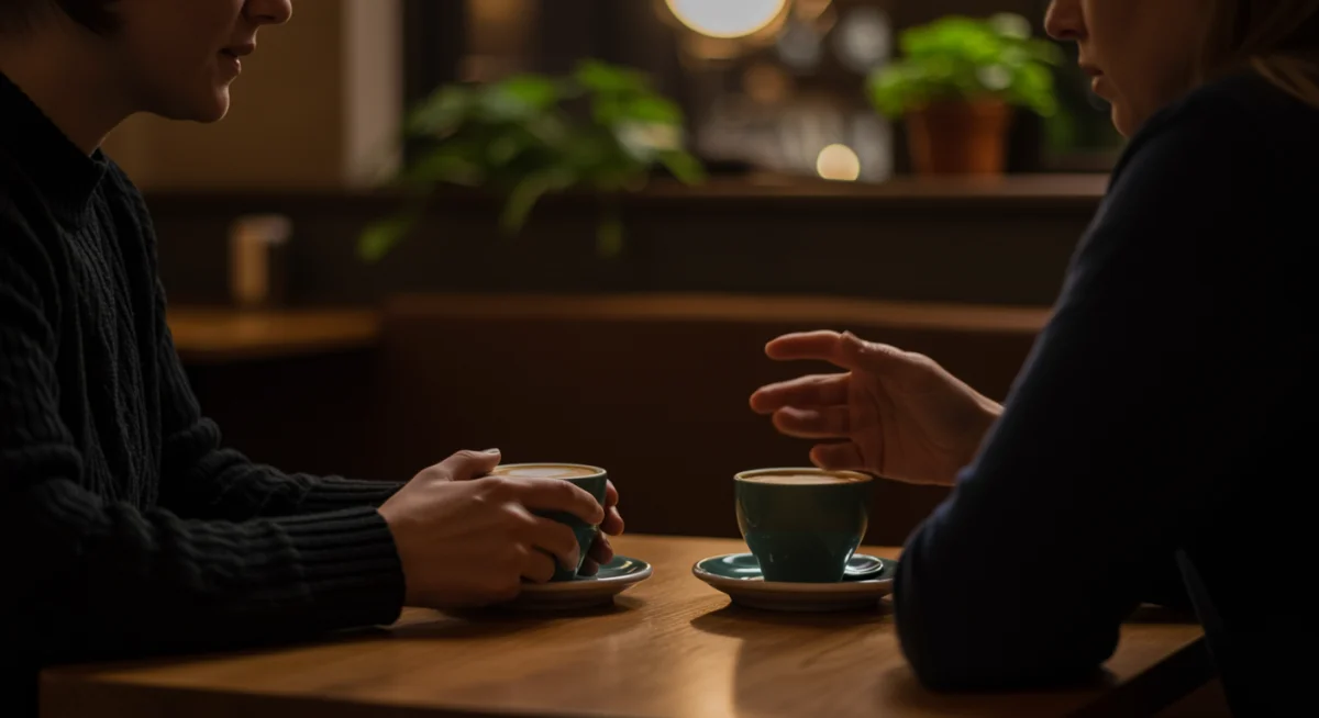 Two people engaged in deep, empathetic conversation in a cafe