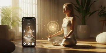 Woman meditating with stress reduction app on phone