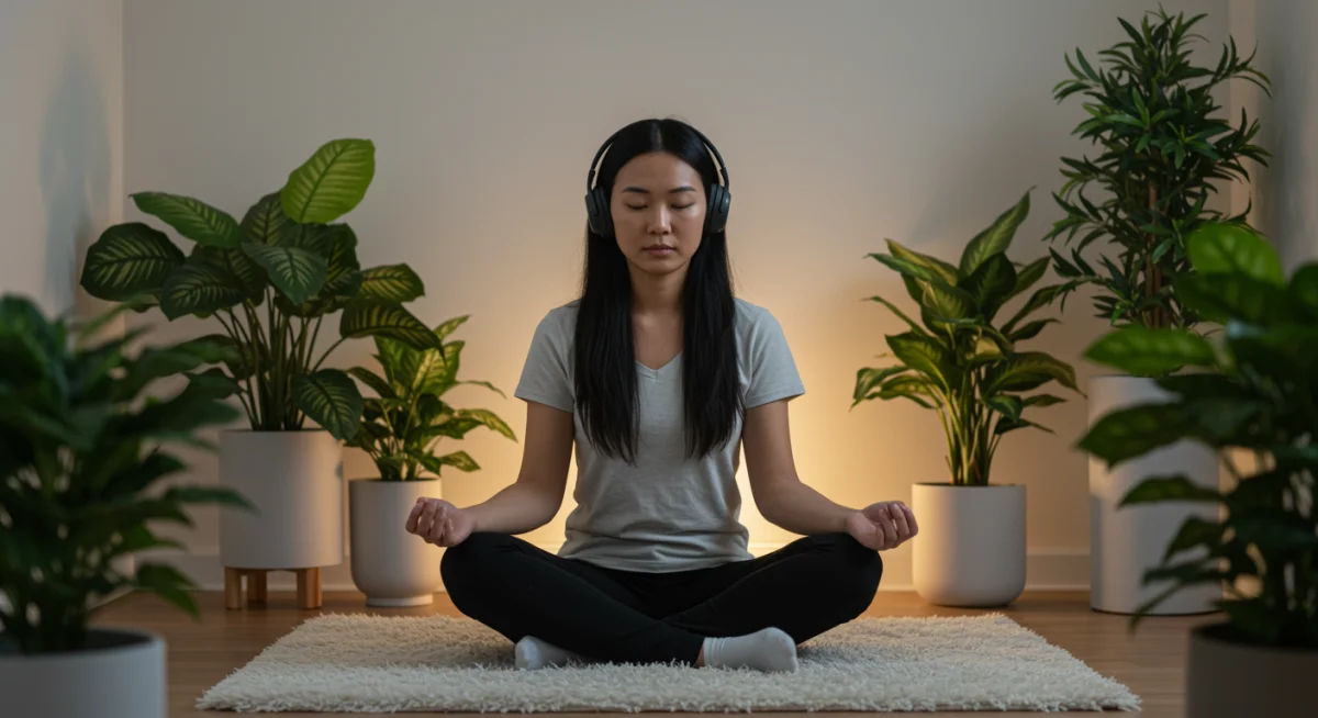 Person meditating with headphones for digital detox