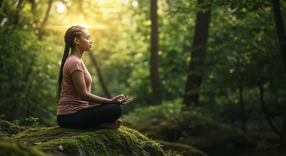 A person meditating in a peaceful setting, representing stress reduction and mental clarity, key components of optimizing brain health.