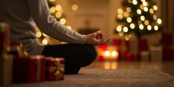 Serene individual meditating amidst soft holiday decorations, embodying peace and stress reduction before the festive rush.