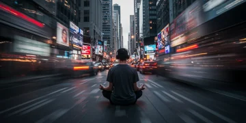 Person meditating amidst news headlines, symbolizing emotional overload management