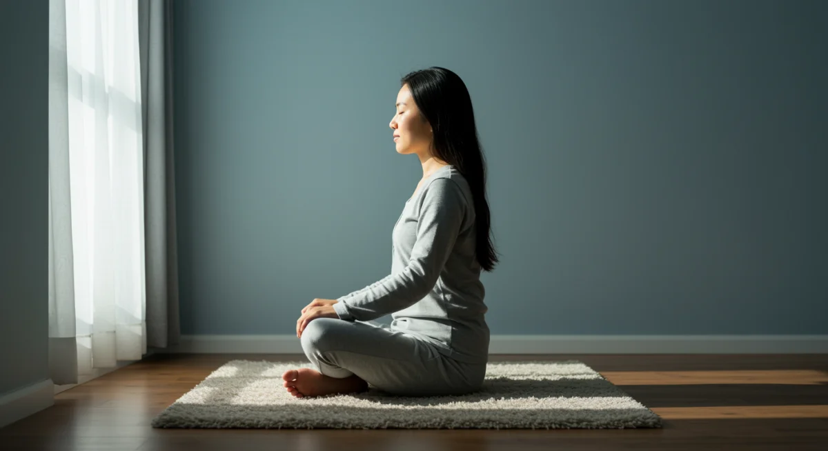 Person meditating in a calm environment, illustrating stress reduction for better sleep