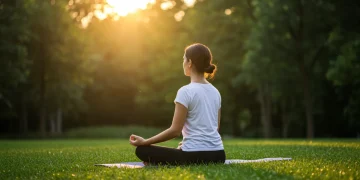 Person meditating peacefully in a park at sunrise, showing stress reduction.