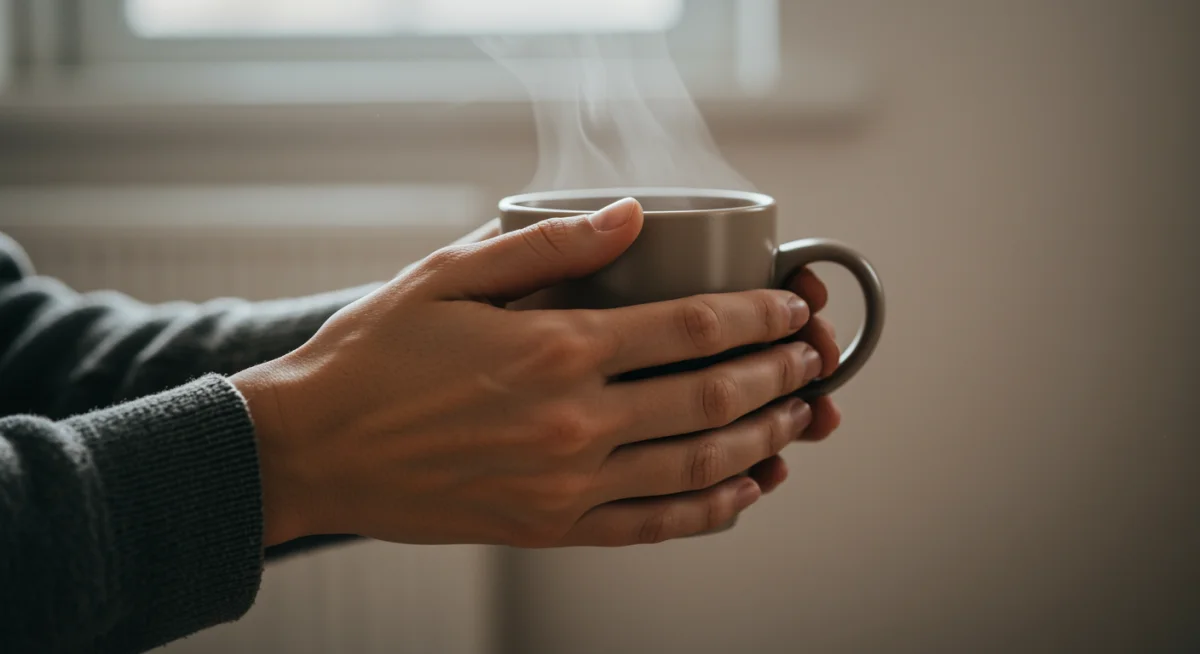 Hands holding a warm mug, practicing mindful breathing