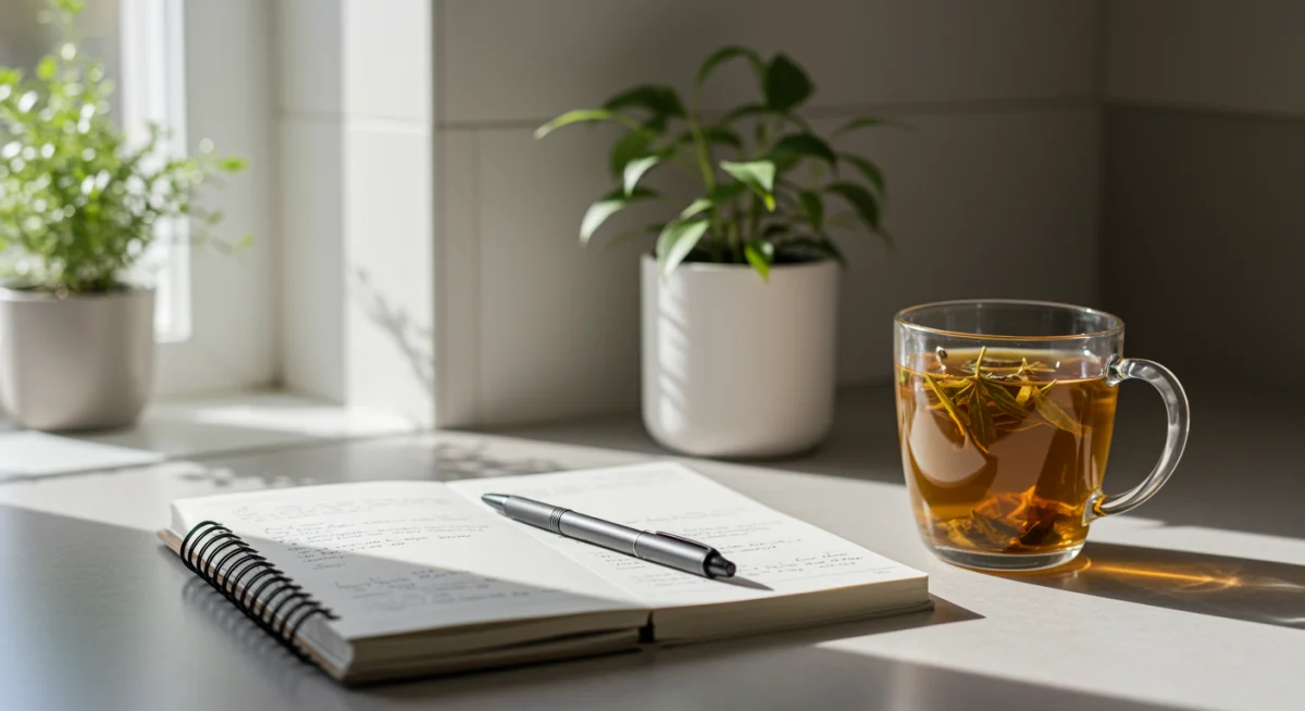 Journal and tea on counter, symbolizing mindful morning routine.