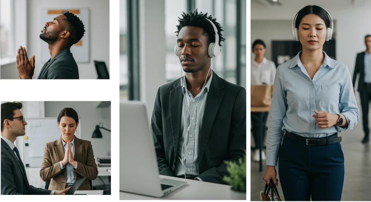 Diverse professionals engaging in mindful activities like deep breathing and conscious breaks at work.