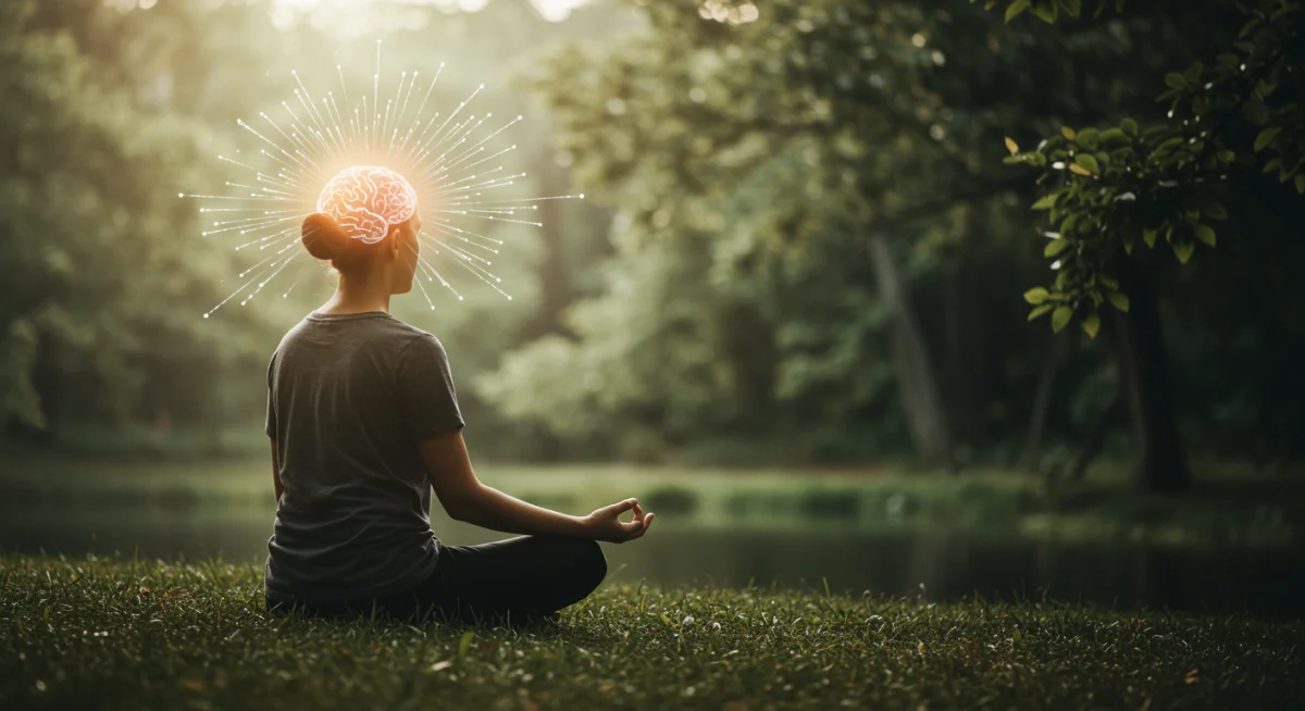 Person meditating in nature, symbolizing mindfulness for brain health.