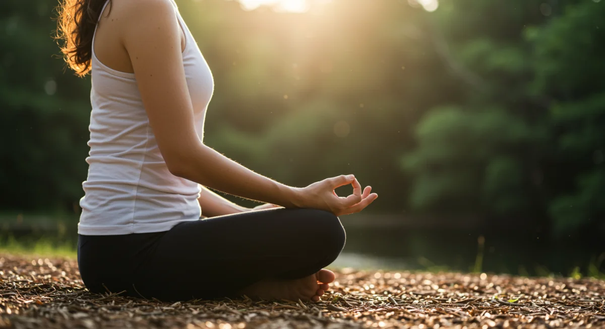 Person meditating in nature, representing mindfulness and self-care for emotional wellness.