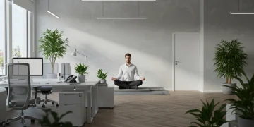 Employee meditating calmly in a modern office, incorporating mindfulness into daily work routine.