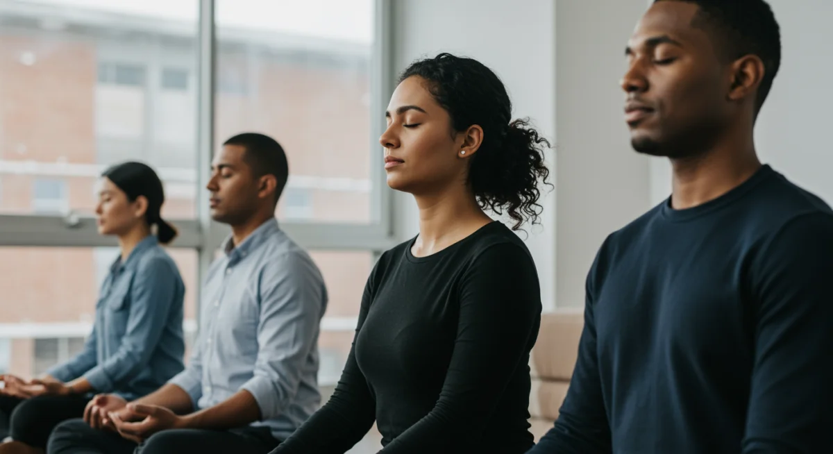Diverse professionals practicing mindfulness for stress reduction
