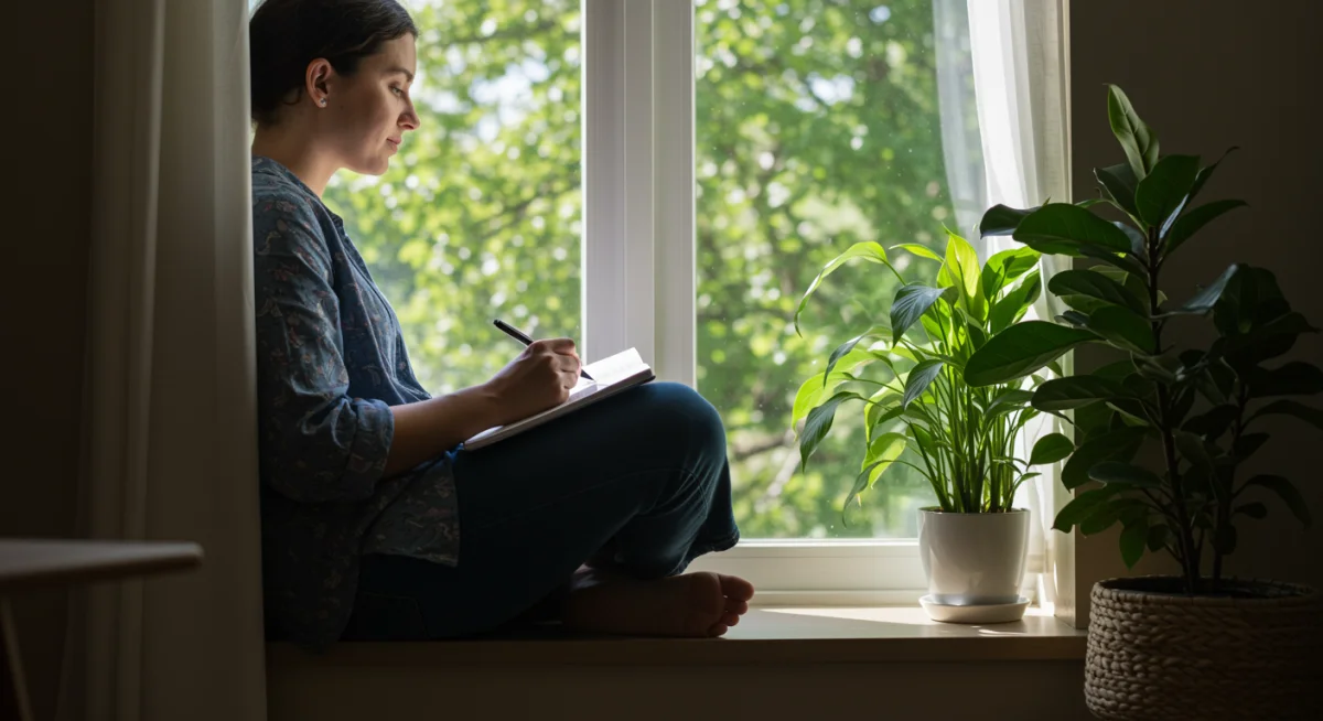 Individual journaling by a window, practicing self-reflection and mindfulness for personal growth.