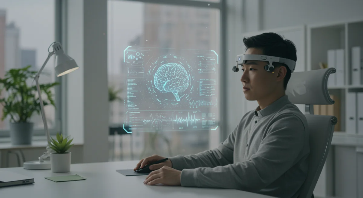 Person concentrating with a neurostimulation headset and holographic brainwave display.