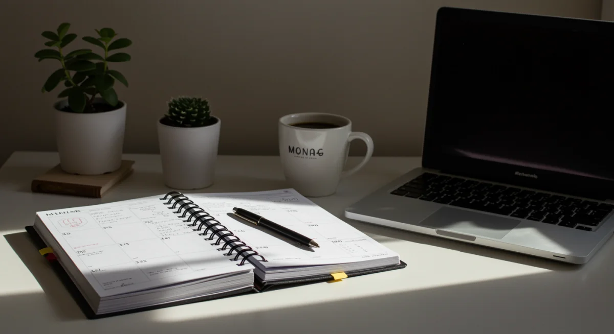 Organized desk with planner and coffee, representing morning productivity