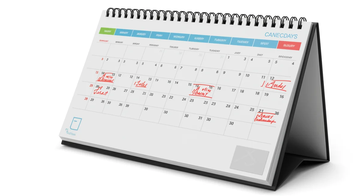 Organized calendar with color-coded tasks, symbolizing proactive holiday planning and effective time management.